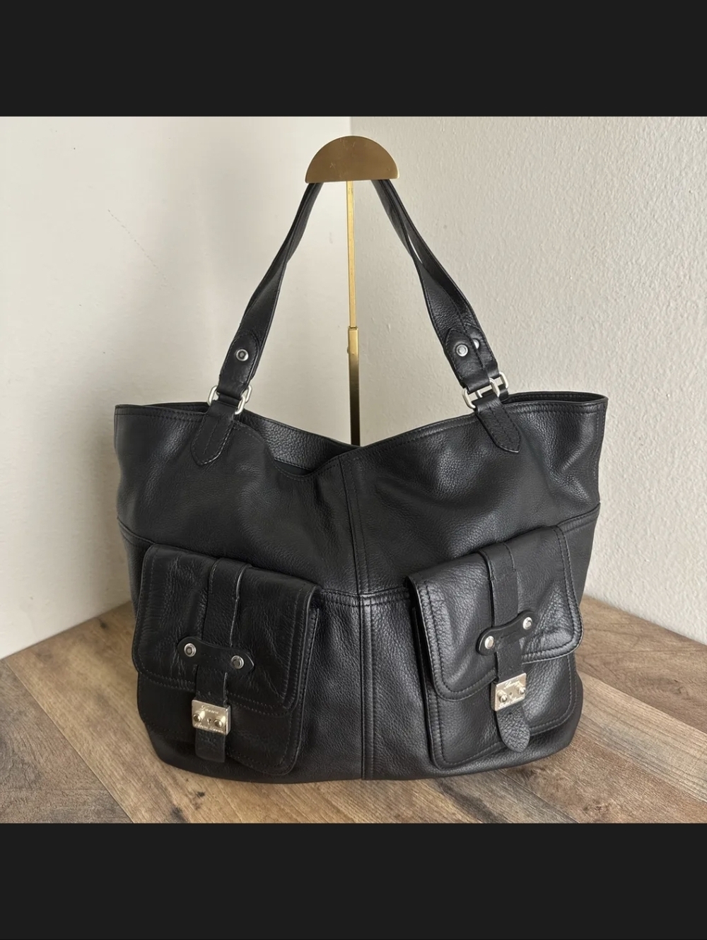 Ralph Lauren Black Leather Tote Bag with Front Pockets - Women